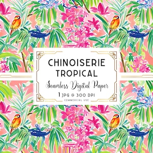May include: Seamless digital paper with a Chinoiserie Tropical design. The pattern features orange birds, blue birds, pink flowers, and green leaves on a coral background. The image includes the text "CHINOISERIE TROPICAL" and "Seamless Digital Paper".
