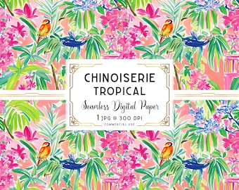 Chinoiserie sömlöst papper, djärvt tropiskt Chinoiserie-mönster, asiatiskt tapetmönster, digital nedladdning, kommersiellt + personligt bruk
