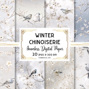 Chinoiserie papier, wintersneeuw naadloos patroon, Aziatische wallpaper digitale download, zilveren textuur, voor commercieel en persoonlijk gebruik