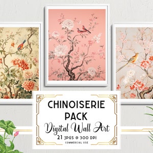 Digitales Chinoiserie-Wandkunstdruckpaket, japanische Tapetengemälde, asiatische Vogelillustrationskunst, für den persönlichen und kommerziellen Gebrauch
