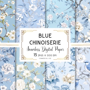 Naadloos Chinoiserie-ontwerp, blauw Chinoiserie-achtergrondpatroon, lichtblauwe Aziatische digitale download, voor commercieel en persoonlijk gebruik