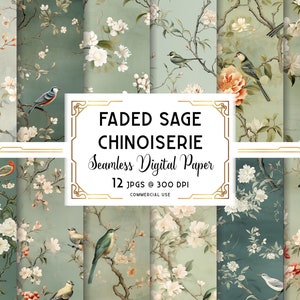 Sage Chinoiserie Digital Paper, Verdant Green Nahtloses Muster, Fernost-Tapete Digital Download Textur, für kommerziellen + persönlichen Gebrauch