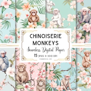 Chinoiserie digitaal papier, aap naadloos patroon, Aziatische wallpaper digitale download, aap texturen, commercieel en persoonlijk gebruik
