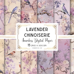 Chinoiserie Lavendel digitales Papier, lila asiatische Tapete digitaler Download, Vintage lila nahtlose Muster, für kommerziellen + persönlichen Gebrauch