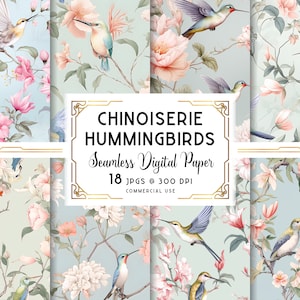 Chinoiserie digitales Papier, Kolibri nahtlose Muster, asiatische Tapete digitaler Download, Kolibri Textur, kommerzielle + persönlichen Gebrauch