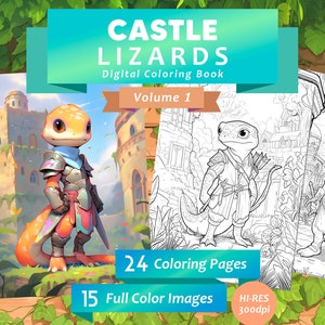 Peut inclure: Un livre de coloriage numérique illustrant des lézards dans un décor de château. La couverture montre un lézard aux couleurs vives portant une armure et tenant une épée. Le livre comprend 24 pages à colorier et 15 images en couleur.