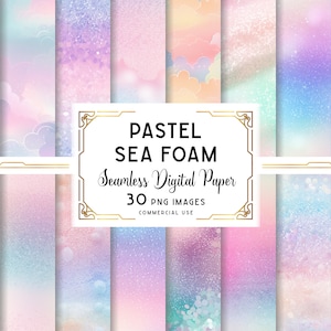 May include: A set of 30 digital papers featuring pastel colours and a sea foam texture. The papers are seamless and perfect for crafting and design projects. The text on the image reads "Pastel Sea Foam Seamless Digital Paper 30 PNG Images Commercial Use".