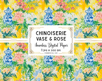 Chinoiserie Digital Seamless Paper, Bold Chinoiserie Pattern, Asian Wallpaper Pattern, Digital Download, Commercial + Personal Use