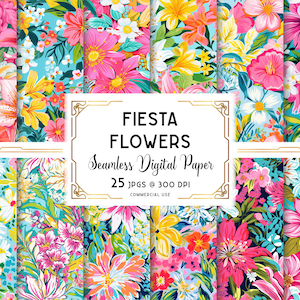 Fiesta Digital Paper, Vibrant Flowers Seamless Digital Patterns, Bold Colorful Flowers Digital Download, For Commercial and Personal Use