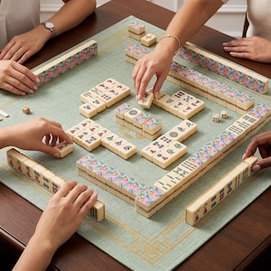 May include: A game of Mahjong in progress, with ivory-colored tiles and floral-patterned racks. The game is set on a green mat with a decorative border, on a dark wooden table. Dice and other game pieces are also visible.