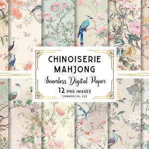 Puede incluir: Una colección de 12 diseños de papel digital sin costuras con temática Chinoiserie. Los patrones presentan pájaros, flores y ramas en suaves colores pastel, con un marco decorativo que dice "Chinoiserie Mahjong".
