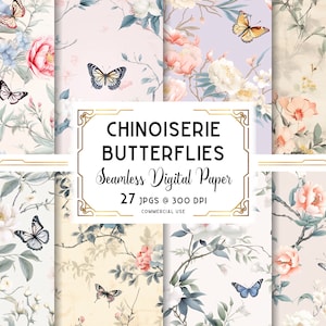 Chinoiserie patroon, vlinder naadloos patroon, Aziatische wallpaper digitale download, vlinders textuur, commercieel en persoonlijk gebruik