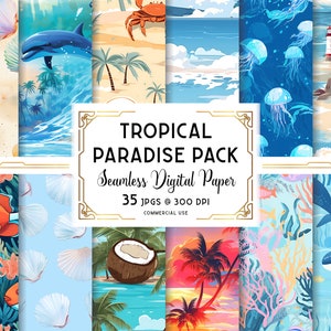 Tropical Island Digital Paper Pack, Beach Seamless Pattern, Ocean Wallpaper, Tropical Textures, Digital Download, Commercial + Personal Use