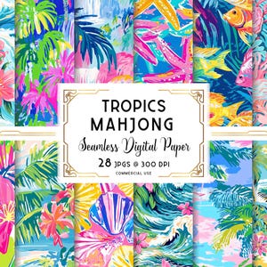 May include: A collection of seamless digital paper designs with a tropical theme. The designs feature vibrant colors, including pink, blue, and green, with floral and marine life patterns. The text on the image reads "Tropics Mahjong Seamless Digital Paper".