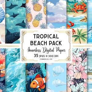 Könnte beinhalten: Ein digitales Papierpaket mit 35 JPG-Bildern mit tropischen Strandmotiven. Die Bilder beinhalten Ananas, Muscheln, Ozeanwellen, Korallenriffe, Palmen und einen Leuchtturm. Die Bilder sind nahtlos und perfekt für Bastel-, Scrapbooking- und digitale Designprojekte. Der Text "TROPICAL BEACH PACK Seamless Digital Paper 35 JPGs @ 300 DPI COMMERCIAL USE" ist im Bild enthalten.