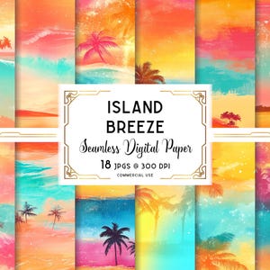 May include: Digital paper set titled "Island Breeze" featuring 18 seamless designs. The artwork showcases tropical beach scenes with palm trees, waves, and colorful skies in shades of orange, pink, and turquoise. Commercial use is indicated.