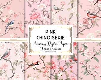 Pink Chinoiserie Digital Paper for Soft Girl Aesthetic, Coquette Cherry Blossom & Bird Patterns, Romantic Floral Journaling Backgrounds