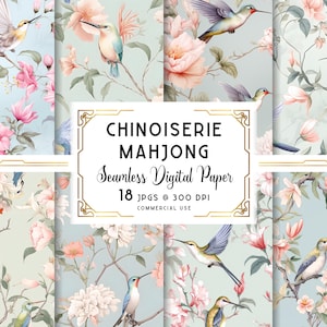 May include: Digital paper set featuring watercolor illustrations of hummingbirds, flowers, and branches. The designs have a Chinoiserie style with a soft color palette of pink, blue, and green. The text reads "CHINOISERIE MAHJONG Seamless Digital Paper".