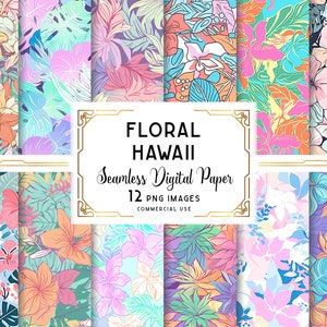 Hawaiian Flowers Digital Paper, Tropical Flowers Seamless Pattern, Sketch Design, Vibrant Color Palette, Digital Download, Commercial Use