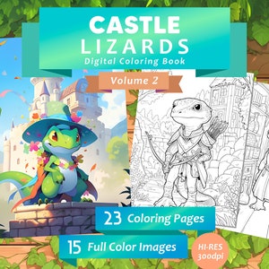 Peut inclure: Un livre de coloriage numérique illustrant des lézards dans un décor de château. La couverture montre un lézard vert portant un chapeau et une guirlande de fleurs, debout sur un mur de pierre. Le livre comprend 23 pages à colorier et 15 images en couleur.