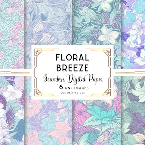 Floral Breeze デジタルペーパー、花のシームレスなパターン、花のデザイン、クールなカラーパレット、トロピカルフラワー、デジタルダウンロード、商用利用