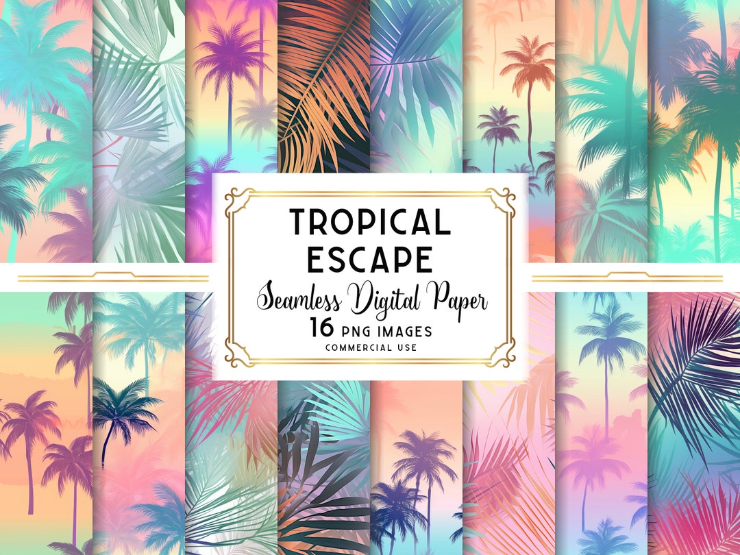 Tropical Digital Paper, Palm Tree Pattern, Beach Seamless Pattern ...