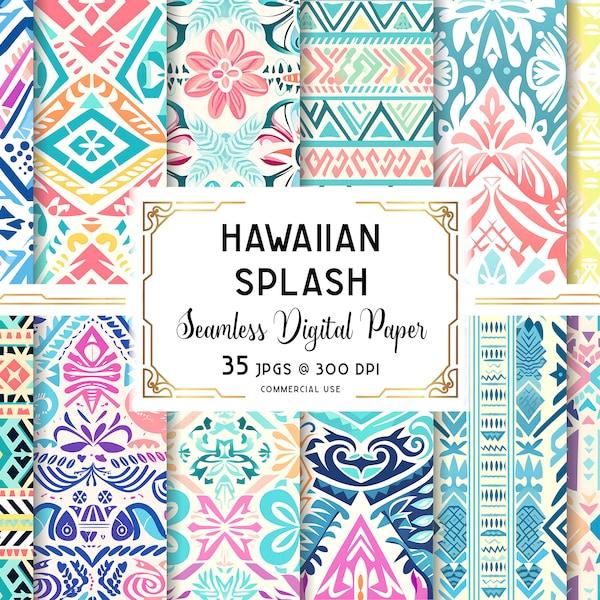 Hawaiian Digital Paper, Hawaii Tribal Seamless Pattern, Tribal Art Designs, Tropical Summer Digital Download, For Commercial + Personal Use