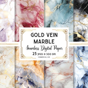 May include: A digital paper pack featuring 25 seamless patterns of marble with gold veins. The patterns are in various colors, including white, black, blue, red, and yellow. The text "GOLD VEIN MARBLE Seamless Digital Paper 25 JPGS @ 300 DPI COMMERCIAL USE" is displayed on a white background.