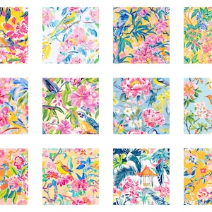 May include: A collection of twelve square images featuring vibrant floral and bird patterns. Each design showcases colorful birds perched among blooming flowers and foliage, set against backgrounds of yellow, white, and blue.