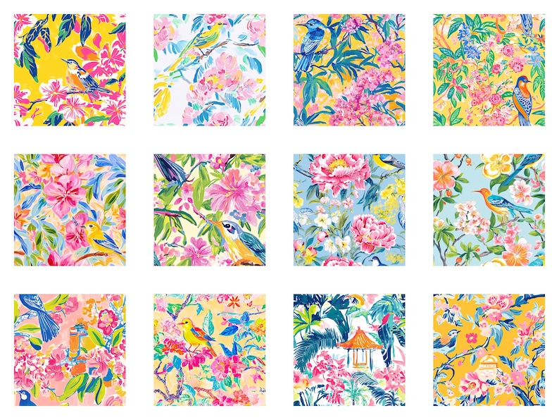 May include: A collection of twelve square images featuring vibrant floral and bird patterns. Each design showcases colorful birds perched among blooming flowers and foliage, set against backgrounds of yellow, white, and blue.