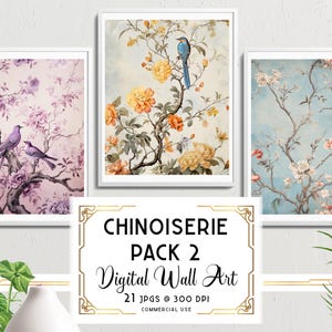 Chinoiserie Digital Art Print Pack, Japanese Wallpaper Paintings, Asian Bird Artwork Illustrations, for Personal + Commercial Use