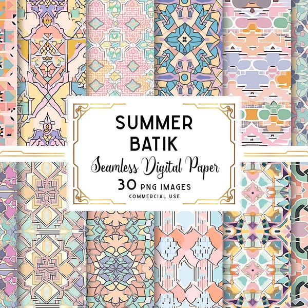 Summer Batik Digital Paper, Batik Seamless Design, Warm Color Patterns, Traditional Folk Designs, Digital Download, with Commercial License