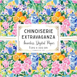 Könnte beinhalten: Nahtloses digitales Papier mit einem Chinoiserie-Design. Das Muster zeigt blau-weiße Vasen, Orangen, rosa Blumen und grünes Laub. Der Text "CHINOISERIE EXTRAVAGANZA" wird in einem goldgerahmten Feld angezeigt.