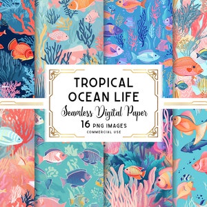 Coral Digital Paper, Ocean Seamless Pattern, Tropical Saltwater Fish Design, Pastel Colors, Digital Download, For Commercial + Personal Use