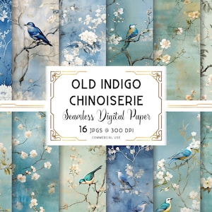 Indigo Chinoiserie digitaal papier, Ultramarijn Aziatisch behang digitale download, leeftijd blauw papier textuur, commercieel + persoonlijk gebruik