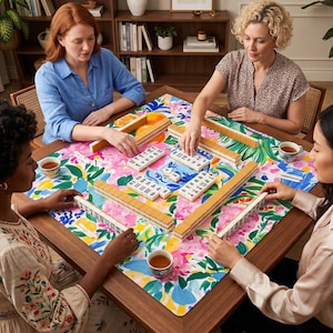 May include: Four people playing mahjong around a wooden table. The table is covered with a floral patterned cloth. The mahjong tiles are white with black symbols, and the racks are tan. Teacups are placed around the table.