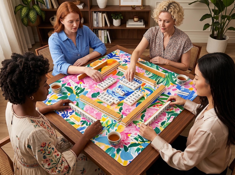 May include: Four people playing mahjong around a wooden table. The table is covered with a floral patterned cloth. The mahjong tiles are white with black symbols, and the racks are tan. Teacups are placed around the table.