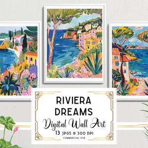 French Riviera Impressionist Wall Art, Mediterranean Art Illustrations, Summer Digital Download, for Personal + Commercial Use