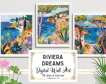 Arte mural impresionista de la Riviera Francesa, ilustraciones de arte mediterráneo, descarga digital de verano, para uso personal y comercial.