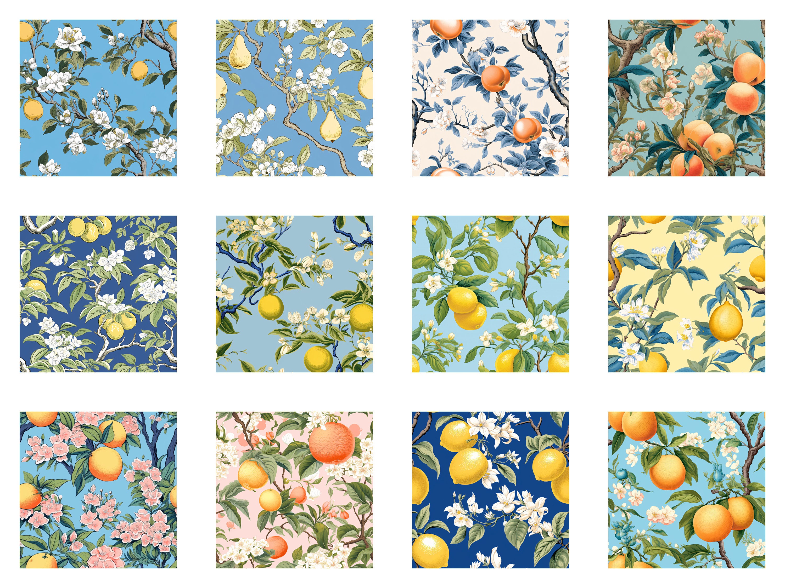 Seamless Chinoiserie Digital Pattern, Fruit Tree Paper, Asian Wallpaper