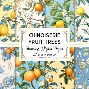Naadloos Chinoiserie digitaal patroon, fruitboompapier, Aziatische wallpaper digitale download, sinaasappelen, citroenen, limoenen, commercieel + persoonlijk gebruik
