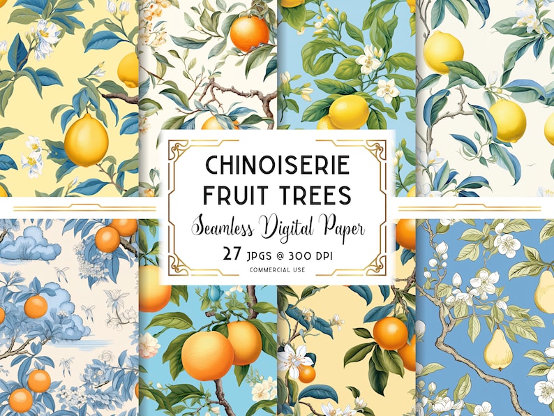 Seamless Chinoiserie Digital Pattern, Fruit Tree Paper, Asian Wallpaper