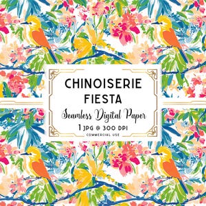 May include: Seamless digital paper with a floral and bird design. The pattern features orange birds, pink and yellow flowers, and blue and green foliage on a white background. The text "CHINOISERIE FIESTA" is displayed in a decorative frame.