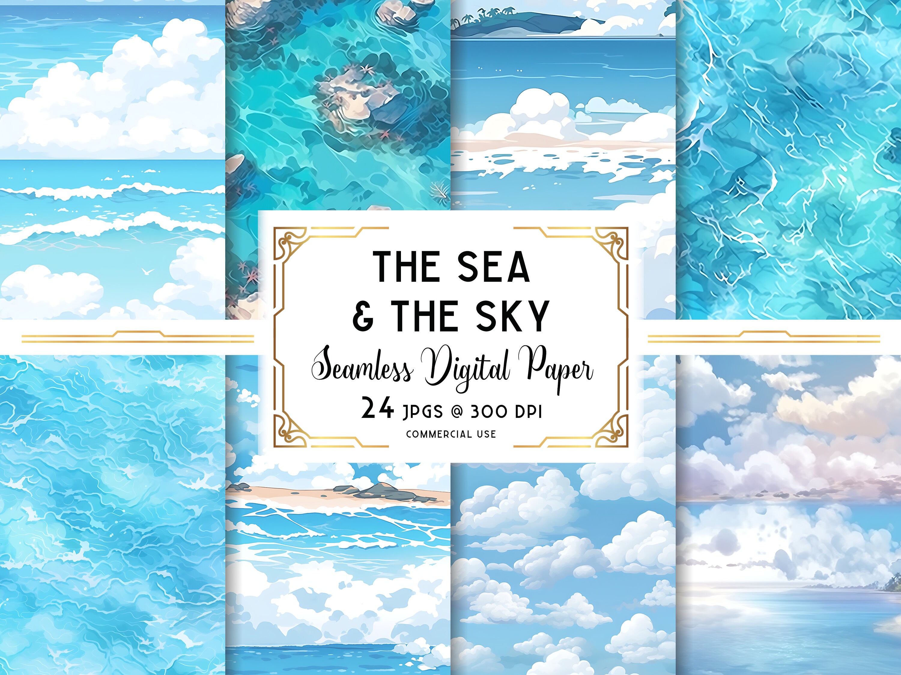 Ocean Sea Digital Paper, Ocean Clouds Seamless Pattern, Tropical Ocean ...