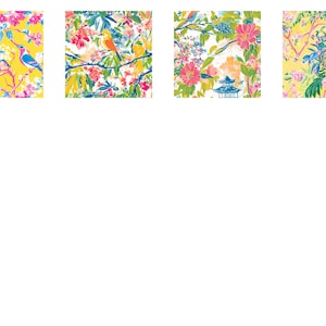 May include: Four square images with colorful floral and bird patterns. Each image features a different design with vibrant pink, yellow, blue, and green hues. The designs include birds perched on branches and floral arrangements.
