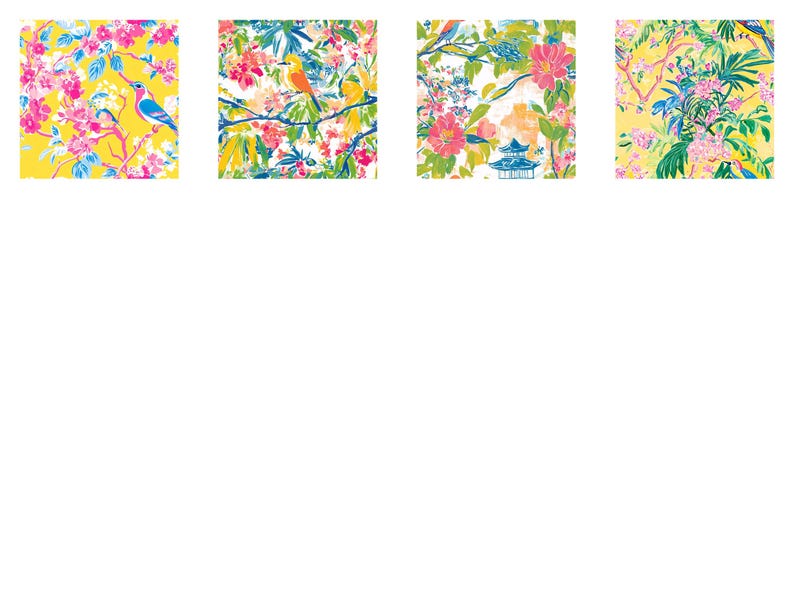 May include: Four square images with colorful floral and bird patterns. Each image features a different design with vibrant pink, yellow, blue, and green hues. The designs include birds perched on branches and floral arrangements.