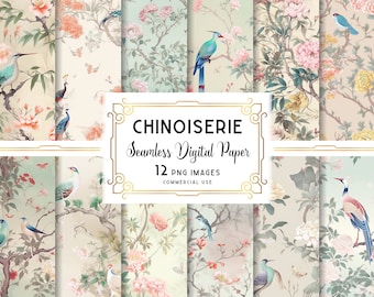 Chinoiserie Digital Paper, Chinoiserie Seamless Pattern, Traditional Asian Wallpaper Pattern, Digital Download, Commercial + Personal Use