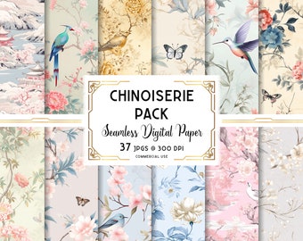 Chinoiserie Digital Paper Pack, Chinoiserie Seamless Pattern Bundle, Asian Wallpaper Variety, Digital Download, Commercial + Personal Use