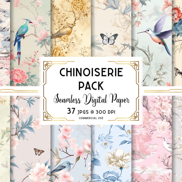Chinoiserie Digital Paper Pack, Chinoiserie Seamless Pattern Bundle, Asian Wallpaper Variety, Digital Download, Commercial + Personal Use