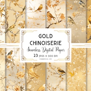 Papel de parede Chinoiserie, papel digital dourado, papel de parede dourado asiático, textura de pássaro dourado, download digital, para uso comercial e pessoal